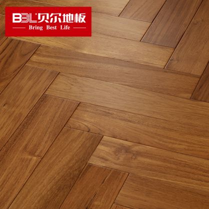 贝尔地板 柚木人字拼锁扣地热实木地板平面UV油 XR016