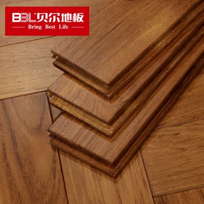 贝尔地板 柚木人字拼锁扣地热实木地板平面UV油 XR016